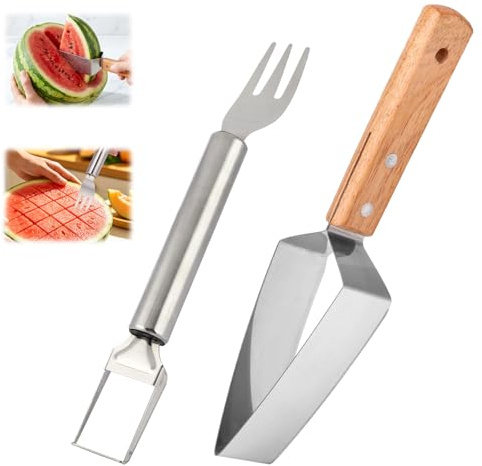 Sinbana Coupe-Pastèque Triangulaire avec Fourchette, 2026 Outil de Découpe et Coupe-Pastèque en Acier Inoxydable 430 avec Manche en Bois Accessoire Cuisine Idéal pour Les Fruits d'Été
