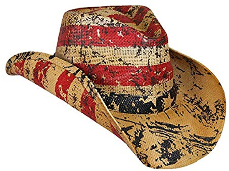 MWS Herren Amerikanischer Tee befleckte Cowboyhut, Jahrgang Straw USA Cowboy-Hut mit Stars & Stripes X Groß rot Weiß Blau