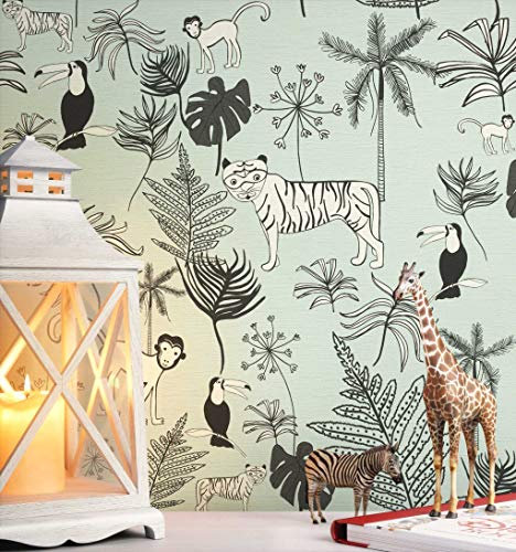 NEWROOM Kindertapete türkis Tiger Affe Kinder Vliestapete Vlies Kindertapete Kinderzimmer Babytapete Babyzimmer Urwald
