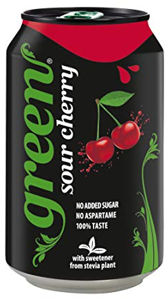 Confezione da 24 lattine di amarena verde, bevanda analcolica senza zuccheri aggiunti, a basso contenuto calorico, frizzante, aroma naturale di ciliegia, confezione da 24 lattine da 330 ml
