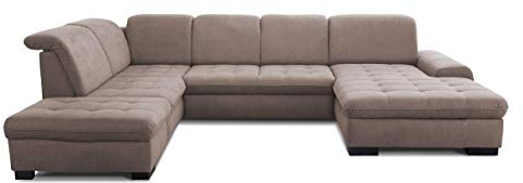 CAVADORE Wohnlandschaft Lexi / Große U-Form mit XXL-Longchair rechts und Kopfteilverstellung / Leichte Fleckenentfernung dank Soft Clean / 329 x 82-99 x 224 / Flachgewebe: Hellbraun