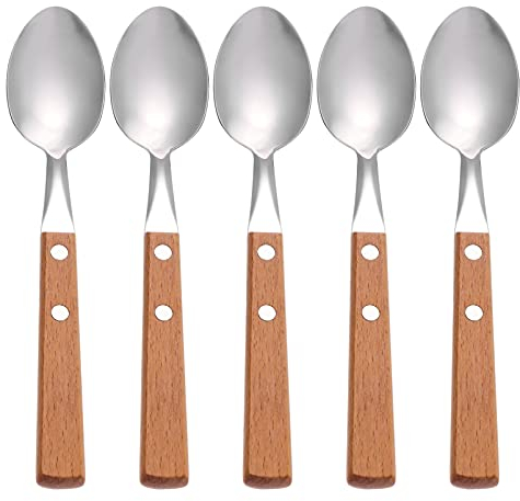 Luxshiny 5Pcs Stainless Steel Spoons with Wood Handles Dessert Spoons for Tea Party Snacks and Cakes Comfortable Grip Kitchen Spoons