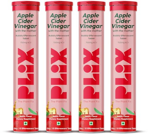 PLIX - THE PLANT FIX Apple Cider Vinegar Effervescent Tablet with Mother I with Vitamin B6 & B12 | Pack of 4 (Apple), 15 Tablets