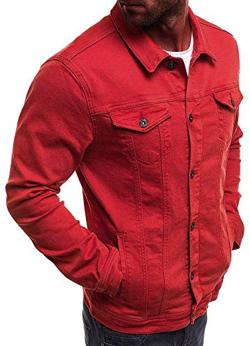 Rouge Veste en Jean Homme sans Capuche Longue Blouson Jean Militaire Multi-Poches Col Revers Slim Décontractée Vintage Pas Cher Sweat Moto Printemps Eté M