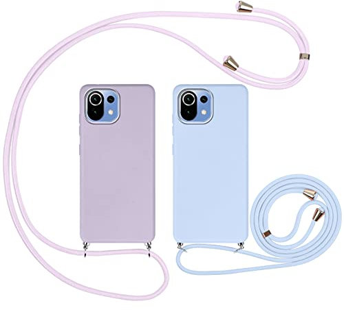 Vauki Handykette für Xiaomi 11 Lite 5G NE/Mi 11 Lite 4G/5G 6.55 Hülle mit Band[2 Stück],Weiche TPU Silikon Handyhülle mit Kordel Kette Handytasche zum Umhängen,Stoßfest Schutzhülle in Lila und Blau