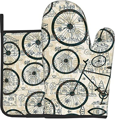Retro-Fahrrad-Ofenhandschuhe und Topflappen-Sets: >> für Küche, dekoratives Grillen, Kochen, Backen, Grillen, heiße Pads, hitzebeständig, waschbar für Theke