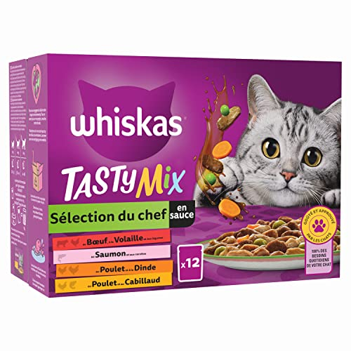 WHISKAS Repas pour Chat - 48 Sachets Fraîcheur (Lot de 4 Packs 12x85g) - Tasty Mix Sélection du Chef (4 variétés) - Pâtée pour Chat Adulte en Sauce – Nourriture Humide Complète & Equilibrée