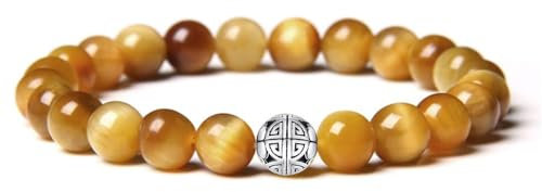 Natürliche 8 mm Edelsteine MetJakt Heilung Crystal Stretch Perlen Armband Armreif mit 925 Sterling Silber Double Happiness Anhänger (Goldenes Tigerauge)