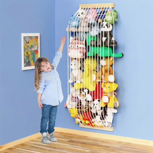 Stuffed Animal Storage Hammock Wooden Plush Toy Organizer for Kids Room Décor, Playroom Nursury Plush Toys Storage Caddy, Decoration Wall Hanging Stuffed Animal Net or Hammock Corner