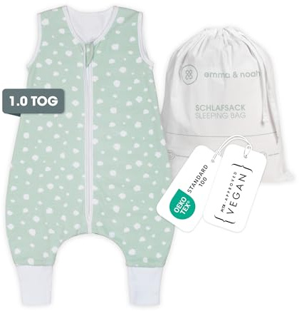 emma & noah Baby Schlafsack mit Füßen 1.0 TOG, Ganzjahres Schlafsack mit Beinen für den Frühling, Sommer und Herbst, 100% Bio-Baumwolle, Oeko-TEX Zertifiziert (Punkte Mint, 100 cm)