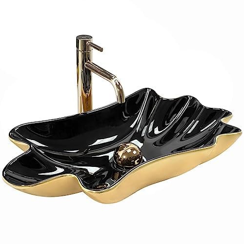 Rea Aufsatzwaschbecken Sea Black Gold + STÖPSEL Pop up Waschtisch Handwaschbecken Waschschale Waschbecken für Badezimmer aus Keramik 630 mm x 330 mm x 115 mm (schwarz/gold)