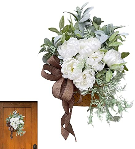 Wandbehang Blumenkorb | Seide Pfingstrose künstliche Blumen, künstliche Hängepflanze im Korb, Frühlingsblumen für den Außen- und Innenhofdekoration