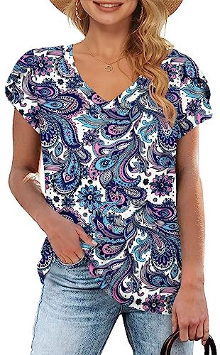 WNEEDU T-Shirts Femmes D'été Hauts Basic Col V Manches Courtes de Pétales Tee Shirt Décontractés Top Bohème Rose Bleu L