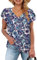 WNEEDU T-Shirts Femmes D'été Hauts Basic Col V Manches Courtes de Pétales Tee Shirt Décontractés Top Bohème Rose Bleu L