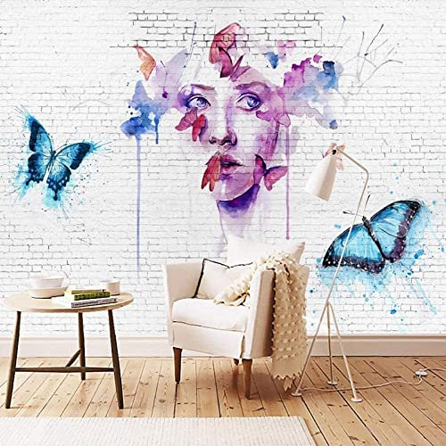 Portrait D'Une Femme Aux Papillons Colorés Papier Peint Moderne En 3D Pour Chambre À Coucher Et Salon Papier Peint 3D Coller Et Peler Stickers Muraux Décor À La Mais 140 (largeur) x 70 (hauteur) cm