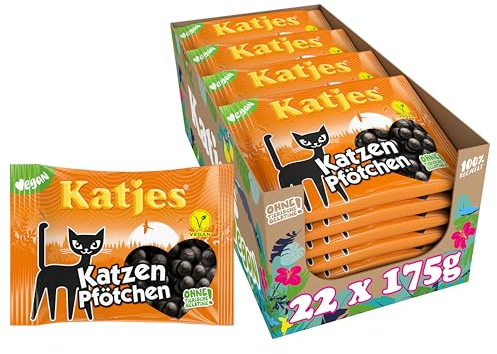 Katjes Katzen Pfötchen Vorratspack – Vorrats-Box mit würzigem Lakritz, kleine Lakritz-Pfötchen aus Weichlakritz, der Klassiker jetzt in vegan, 22 x 175 g