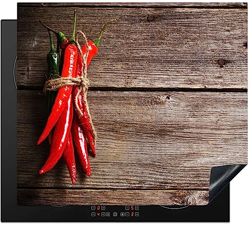 KitchenYeah© Protezione Piano Cottura Tappetino per Induzione 59x52 cm Cucina Proteggi Coprifornello Antiscivolo Pepe - Legno - Spezie - Erbe - Rosso