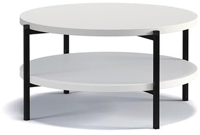 BETTSO - Couchtisch Rund - Sofatisch mit Metallgestell - Beistelltisch für Wohnzimmer Modern - Abmessungen 84x43x84cm - Weiß matt - mit Ablage