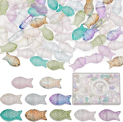 SUNNYCLUE 1 caja de 100 piezas de Cuentas de Peces de Cristal Transparente A Granel, Cuentas de Peces de Colores, Rosa, Verde, Azul, Vida Marina, Verano, Mar, Océano, Animales, Cuentas de Sirena, Abal
