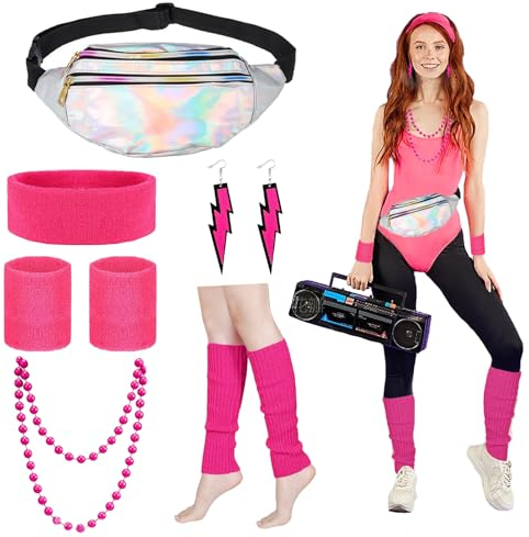 LUKIUP 90er 80er Jahre Outfit Damen Set, Rosa 80er Jahre Accessoires mit Gürteltasche, Stirnband, Ohrring, Halskette, Handschuhe, Kleidung Kostüm für Neon Thema Party Karneval Damen