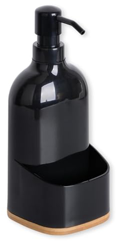 KOOK TIME Dispensador Jabón Cocina Negro - Jabonera Cocina de plástico con Base de bambú - Organizador de Estropajo para Fregadero o Baño, Dosificador de jabon