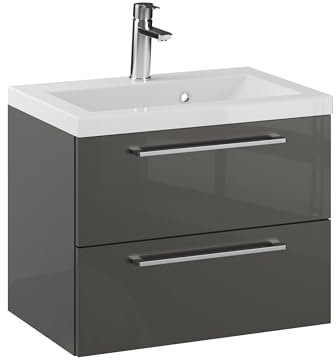 Furni Rosen 60 cm Hängend Waschbecken mit Unterschrank und Stilvollen und Chromgriffen Waschbeckenunterschrank Badezimmer Waschtisch mit Unterschrank Waschtischunterschrank