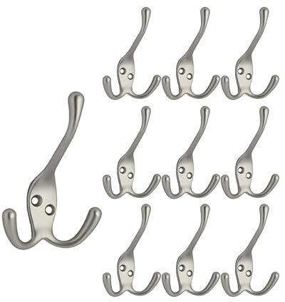 QCAA Premium Quality Coat Hat Hook with Three Prongs, 4, Zinc Die Cast, Satin Nickel, 10 Pack, Made in Taiwan