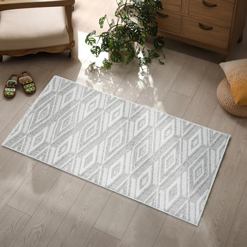 payé Teppich Läufer - 80x150cm - Beige - Boho-Style mit Fransen - Rauten Muster - Flachflor Wohnteppich Schlafzimmer Deko