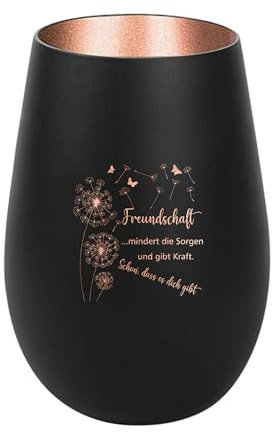 Der-Porzellan-Laden Windlicht mit Gravur Freundschaft mindert die Sorgen, Schwarz Bronze, Teelichthalter aus Glas mit Spruch, Tischdeko modern