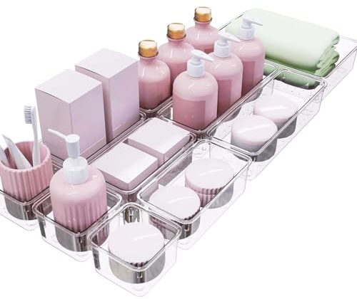 Kriovoa 10 Pack Clear Drawer Organiser, Versatile Acrylic Desk Organiser with Non-Slip Pads, Plastic Drawer Dividers Storage Trays for Makeup, Utensils, Gadgets, Kitchen, Bathroom, and Office.