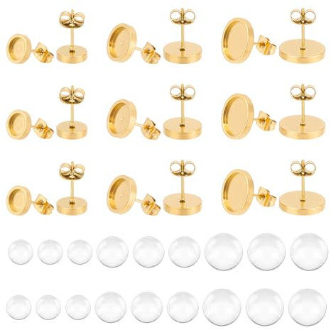 NATOSU 6 Sets 3 Größen Edelstahl Blanko Ohrstecker DIY Ohrstecker Cabochons Tablett 6/8/10 mm Gold DIY Ohrringe Set mit Glascabochons für die Herstellung von Ohrringen und Schmuck