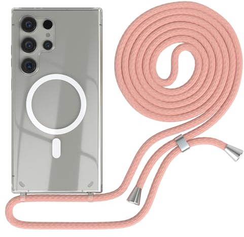 EAZY CASE - Handykette kompatibel mit Samsung Galaxy S24 Ultra Kette zum Umhängen Stoßfest Handyhülle für Galaxy S24 Ultra Silikon Hülle mit Band Handytasche Transparent in Alt Rosa - Clips Silber