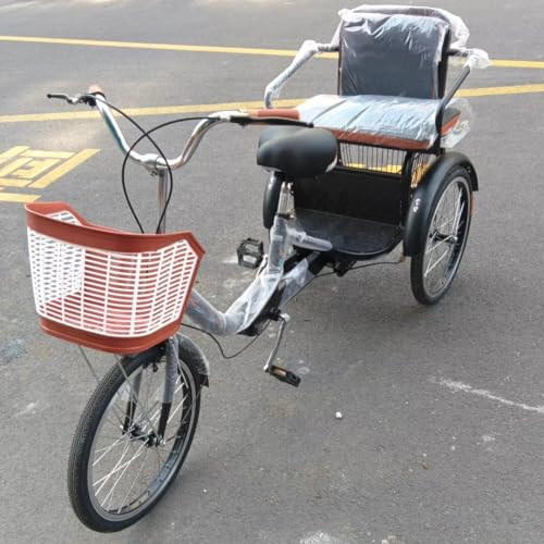 LSQXSS Klappbares 3-Räder-Fahrrad, verstellbares Cruiser-Dreirad mit Stoßdämpfer-Vordergabel, Rikscha-Pedal-Dreirad zum Reisen und Abhängen, Luftreifen-Speichenräder, Tandem-Trikes mit Rücksitz