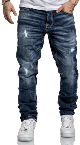 REPUBLIX Herren Jeans Regular Straight Fit Denim Hose Destroyed R7998 Dunkelblau W31/L30