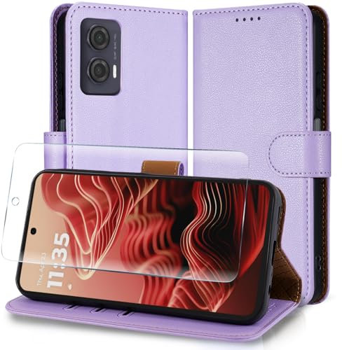 Case Collection for Motorola G35 Case and Screen Protector - Leather Folio Flip [Kickstand] Shockproof Cover [RFID Blocking] Magnetic Wallet for Motorola Moto G35 5G Phone Case Lavender
