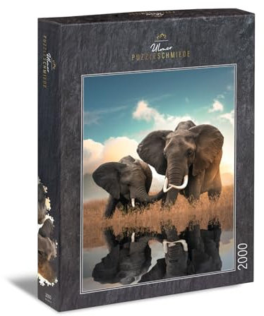 Ulmer Puzzleschmiede - Puzzle Father & Son - Klassisches 2000 Teile Elefanten-Puzzle – Sympathisches Tierpuzzle mit afrikanischen Elefanten am Wasser