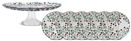 KARACA Dessert Plates and Cake Stand Set for 6 People - Elegant & Stylish Large Side Plates for Afternoon Tea Party - Glass, Round & Berry Pattern - Ideal for Serving Appetizer or Salad (7 Pieces)