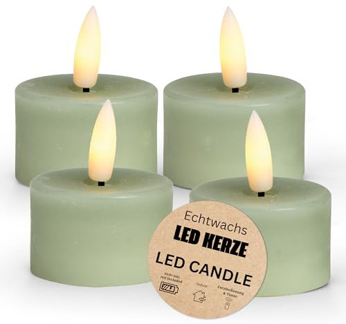 LED Teelichter 4er Set aus Wachs mit Timerfunktion & Fernbedienung - Kerze realistisch flackernde Flamme warmweiß Ø 4 x 4 cm - Elektrische Wachskerze in Salbeigrün als gemütliche Tischdeko