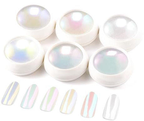 BISHENGYF 6pcs Chrome Nail Art Kit - Metallic Mirror Effect Powder With Iridescent Aurora and Mermaid Pearl Glitter Dust for DIY Design