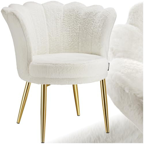 tectake® Sillón Tapizado con Acolchado Grueso, Butaca Salón con Respaldo Curvado en Forma de Flor, Sillón de Lectura, Patas de Acero, Tapas Antideslizantes, Silla Oficina -piel sintética, crema/dorado