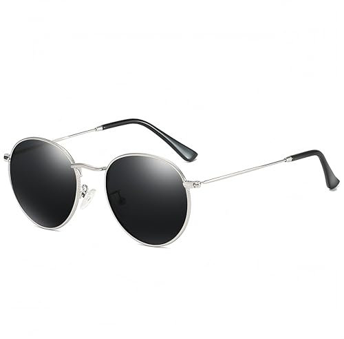 WDZAYXC Polarisierte Metall runde Rahmen Sonnenbrille für Damen und Herren, Retro Hip-Hop Punk Brille, UV400 Schutz (Silber/Schwarz)