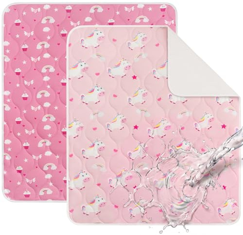 Yukkidds Bettunterlage Wasserdicht Kinder, Waschbar PIPI Unterlage Bett | 75x90 cm Betteinlagen Inkontinenz, Weiche & Atmungsaktive, 2er Pack, Für Baby-, Kinder- & Einzelbetten, Rosa Einhorn