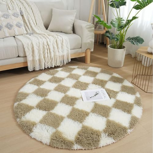 Lifup Teppich Rund Hochflor Teppich, Kariert Extra Weicher Flauschig Waschbar rutschfest für Wohnzimmer Schlafzimmer Braun-Weiß 120 x 120 cm