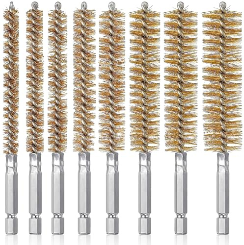 8 pcs Brass Bore Brush, VEINARDYL 8 Sizes Bristles Twisted Wire Cleaning Brush with Handle 1/4 Inch Hex Shank for Power Cleaning Drill Impact Driver
