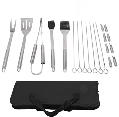 20pcs Stainless Steel BBQ Tool Set | Ergonomic Grill Utensils for Outdoor Cooking/Camping/Backyard Parties | Food - Grade Approved with Hanging Rings & Storage Bag