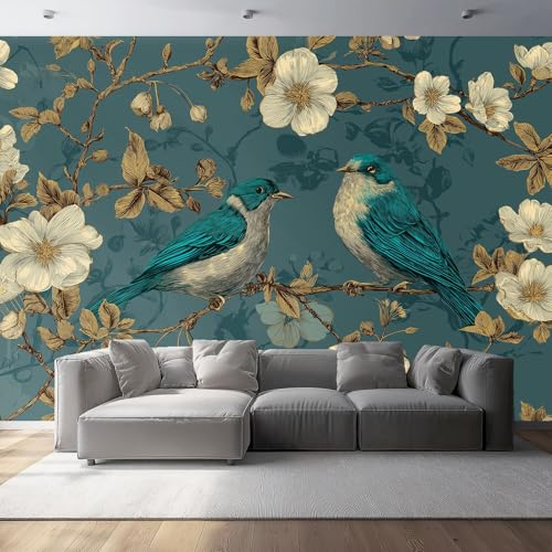Papier peint intisséFleurs et oiseaux, bleu doréTapisserie papier peint pour différentes pièces350 x 256 cm Papier peint Or bleu