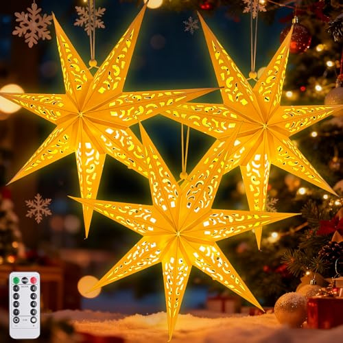 3Pcs Papierstern Lampenschirm,45cm LED Papiersterne Zum Aufhängen mit Fernbedienung und Timer,Papierstern mit Beleuchtung 8 Leuchtmodi,Papierstern Beleuchtet zum Aufhängen,Weihnachtsstern Beleuchtet