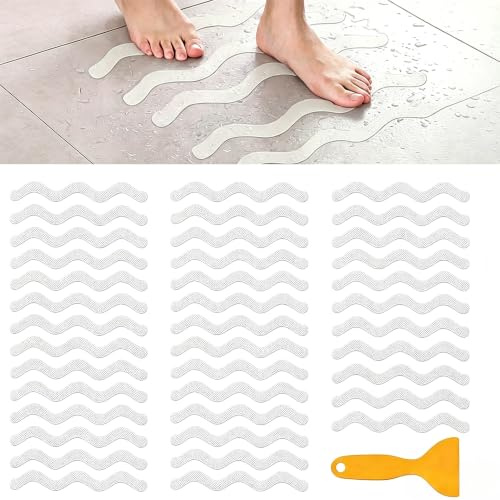 Winhuey 24 Pcs Non Slip Strip Stickers for Bath and Shower, Wa-ve Anti-Slip Strip with Scraper, Non Slip Bathtub Stickers for Stairs, Shower Room, Slippery Surfaces, Sauna, Kitchen (White)