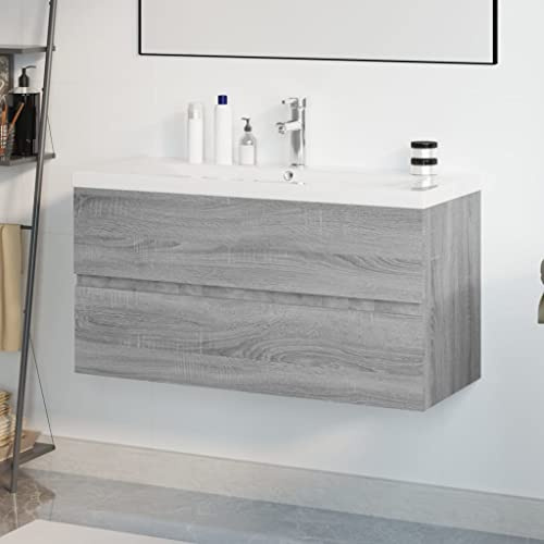 Emmtore Mueble de baño con Lavabo Madera contrachapada Gris Sonoma 90 x 38.5 x 45 cm con Grifo y Drenaje