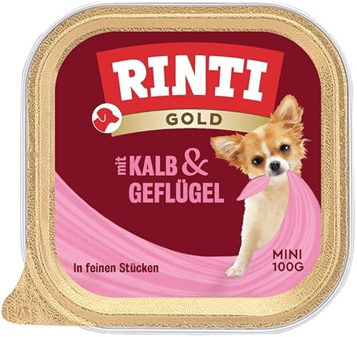 RINTI - Gold Mini | Nassfutter für kleine, ausgewachsene Hunde mit 65% Fleisch und Innereien. Alleinfutter in Schälchen ohne Kohlenhydrate und künstliche Zusätze | 16x100g Kalb & Geflügel